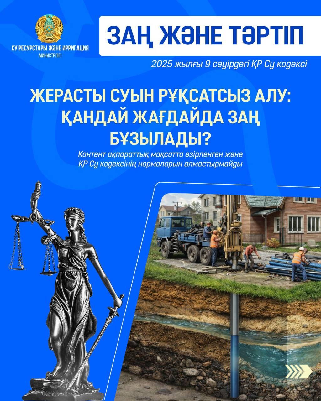 ЗАҢ ЖӘНЕ ТӘРТІП: жерасты суын рұқсатсыз алу: қандай жағдайда заң бұзылады?   